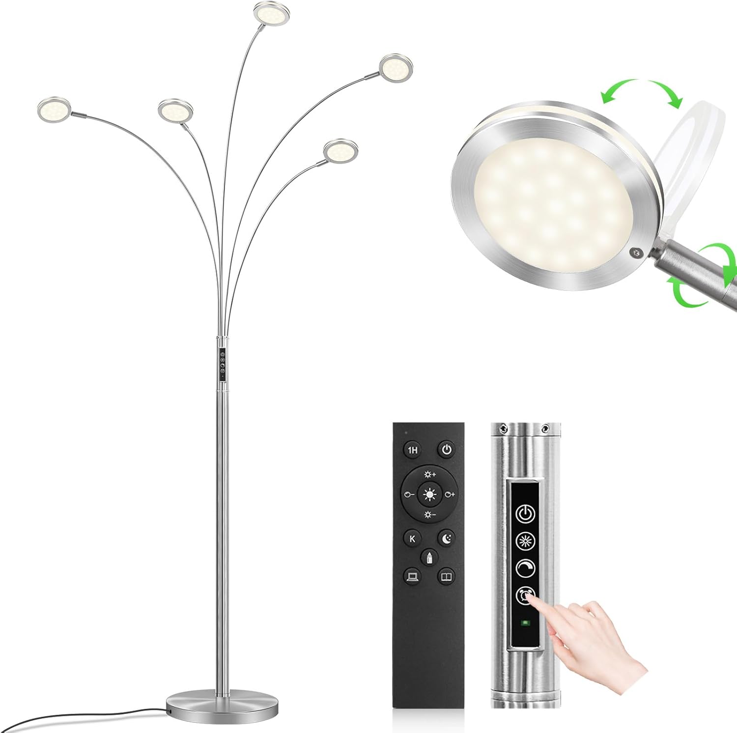 LED Arc Floor Lamp with Remote, 2250LM Dimmable Floor Lamp with Timer, Adjustable Colors, Brightness & 5 Adjustable Arms, Multi-Head Tall Standing Lamp for Living Room Bedroom Office, Satin Nickel