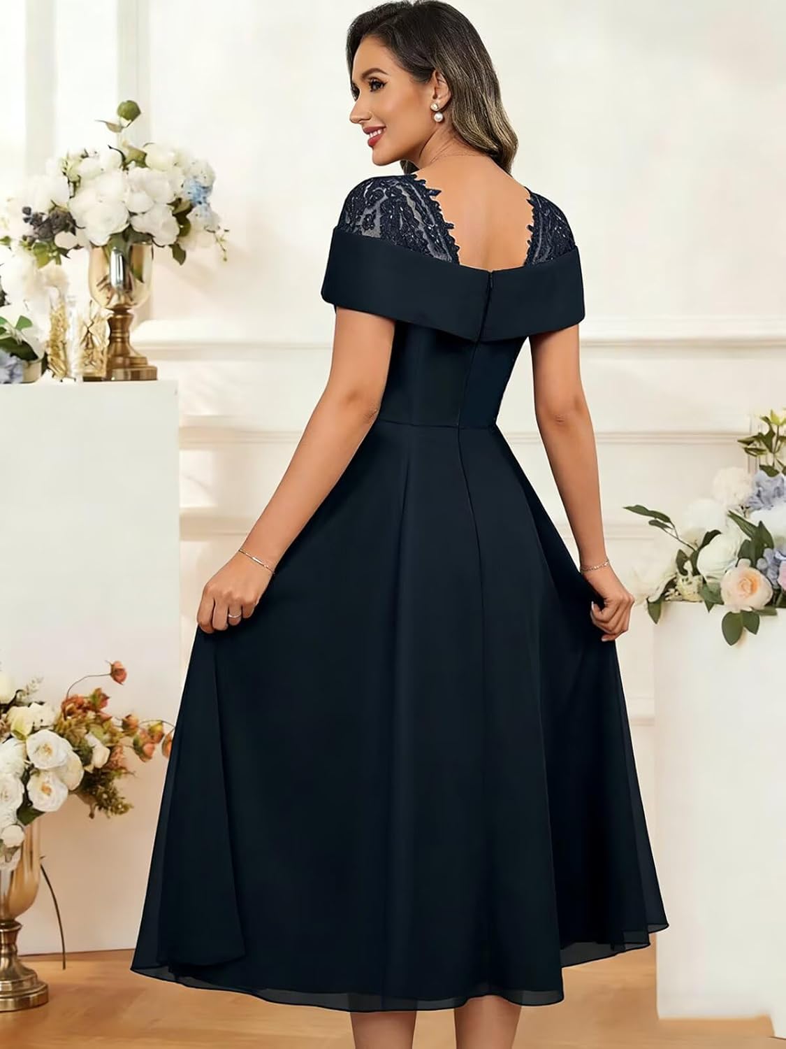 Tea Length Mother of The Bride Dresses for Women Sequin Lace Short Sleeve Ruffle Formal Evening Gown - Image 6