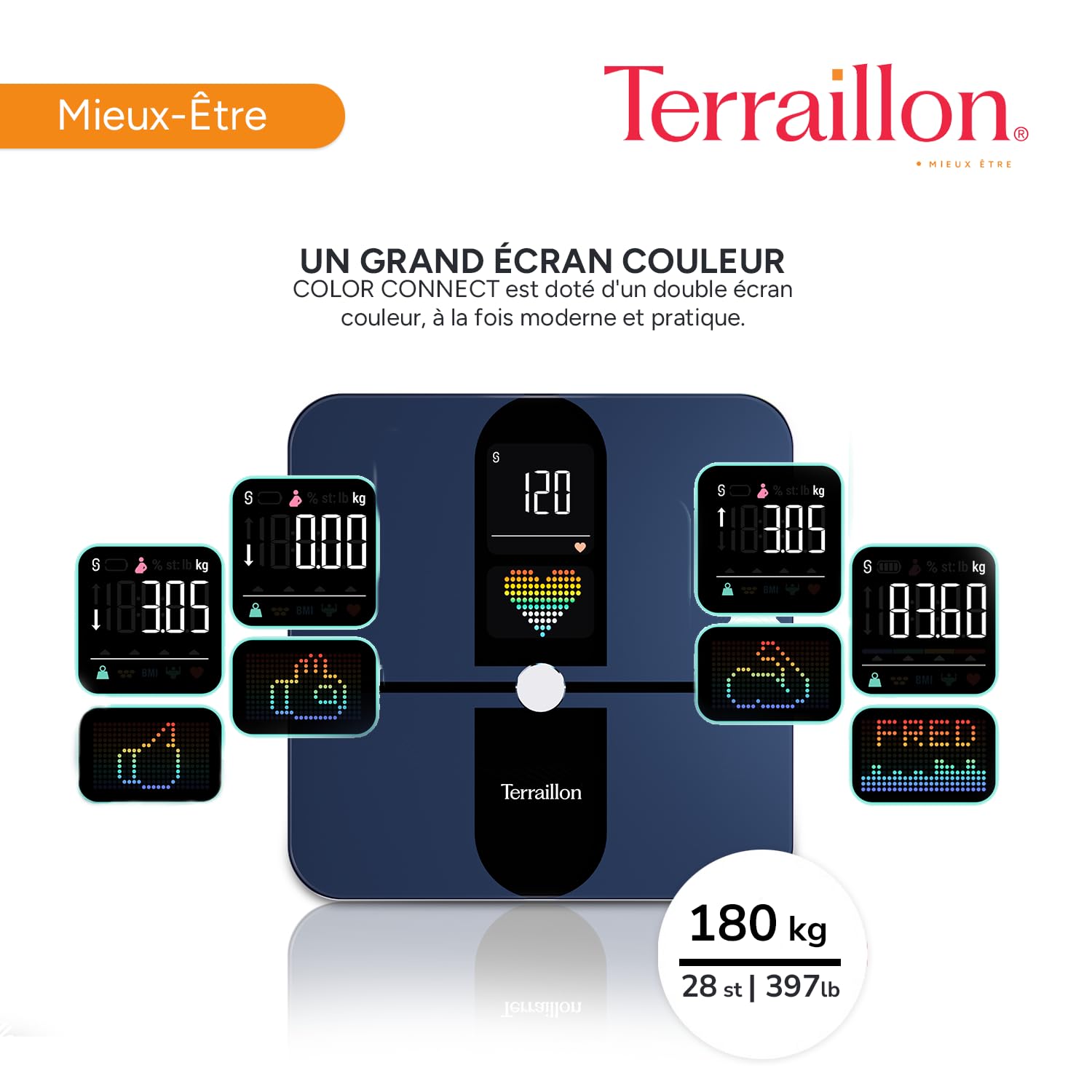 TERRAILLON - COLOR CONNECT - Połączona waga Bluetooth, tętno, masy: tłuszcz-mięśnia-wodno-kostna, BMI, pojemność 180 kg, podziałka 50g, kolorowy wyświetlacz Multi Display, Niebieski