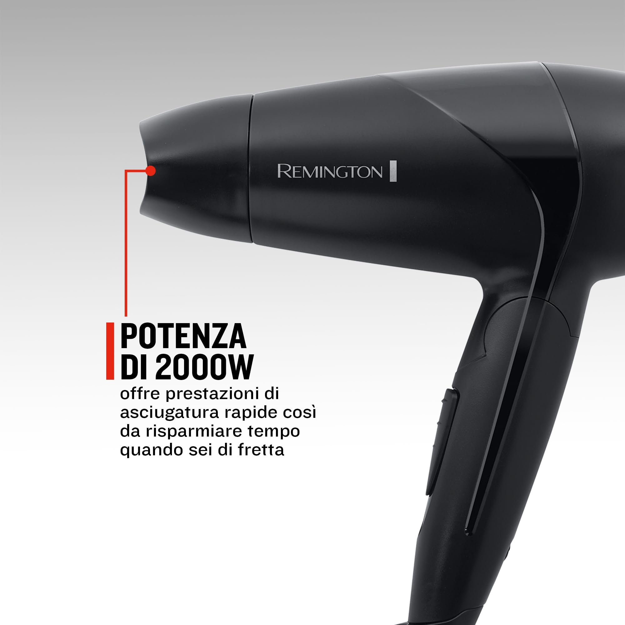 Remington Asciugacapelli 2000W - Pieghevole e Potente - Asciugacapelli da Viaggio, Bacchetta e Diffusore per styling, 2 livelli di riscaldamento e ventola, On The Go D1500