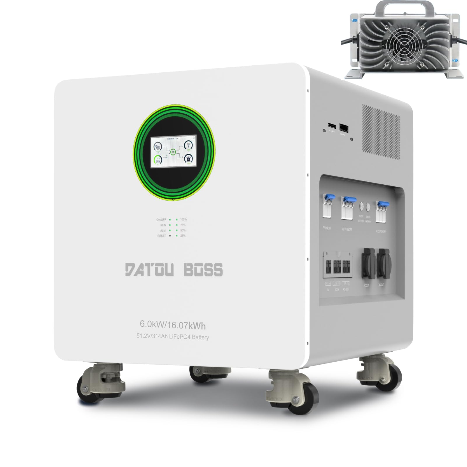 DATOUBOSS 6200W Hybrid Wechselrichter 48V mit LiFePO4 48V 314Ah Batterie,8500W PV Eingang, für den Innen,8000+ Ladezyklen, Plug & Play ideal für PV Speicher, solarspeicher, stromspeicher.