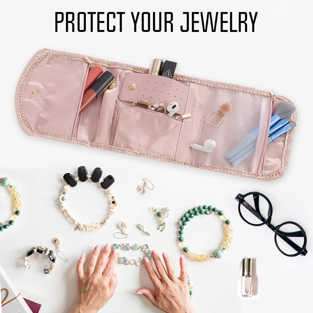 Bolsa de rodillos para joyas, organizador de viaje, piel sintética, almacenamiento para pendientes, rosa
