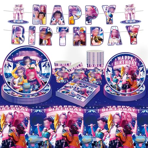 Wirhaut 52Pieces Demon Birthday Decorations Birthday Party Tableware Set Cartoon Themed Party Supplies Set with Plates Cups Napkins and Tablecloth