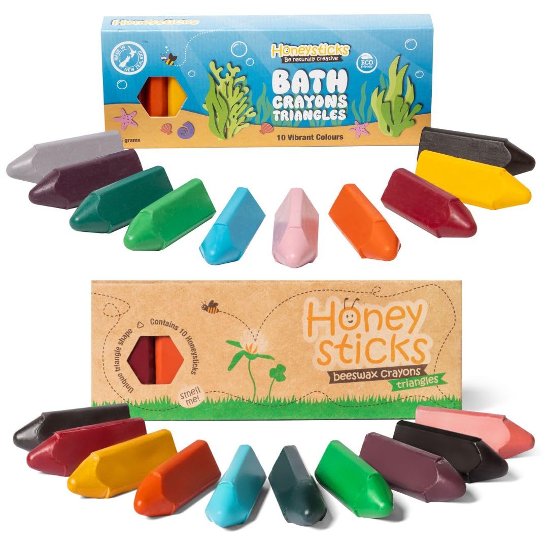 Honeysticks Triangle Bath and Art Time Set - Pure New Beeswax Crayons (10PK) and Easy Clean Bath Crayons (10PK) - Easy Grip for Toddlers 1-3