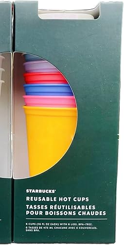 Starbucks Vasos calientes reutilizables con tapas (paquete de 6, coloridos), 16 onzas cada una