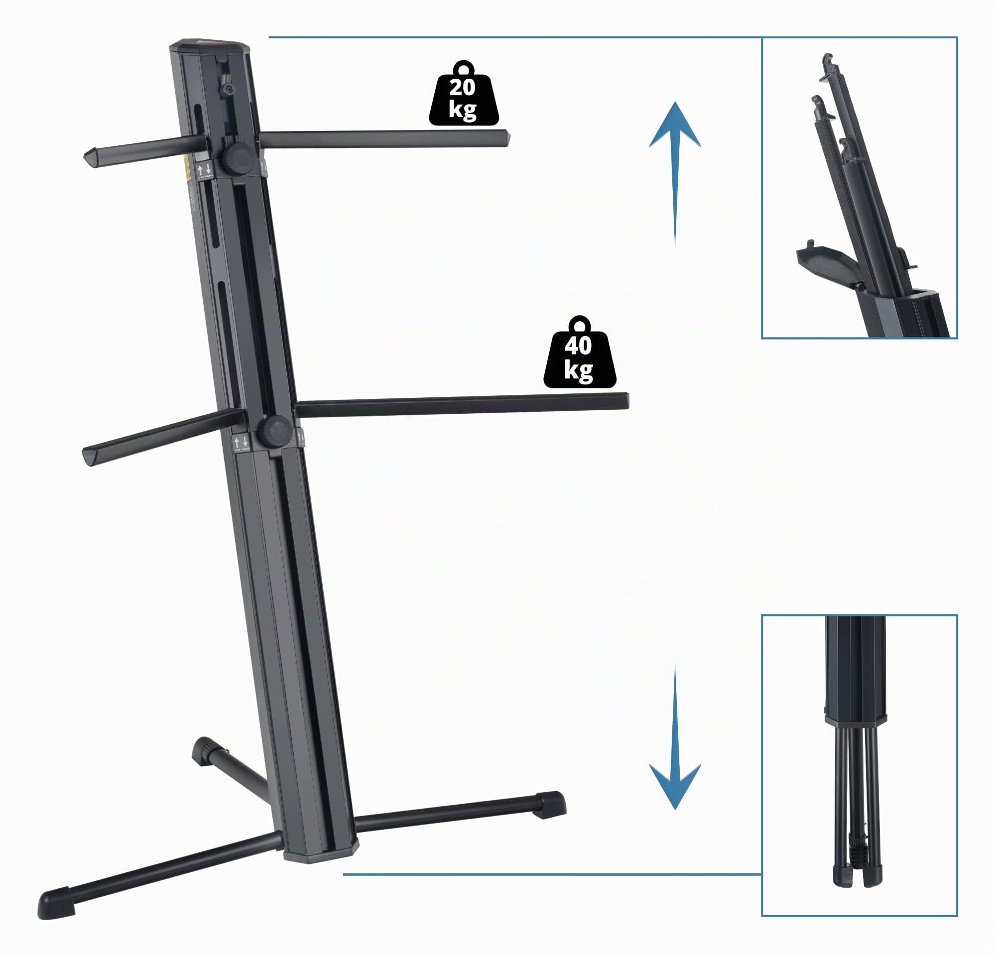 Classic Cantabile Keyboardständer KS-150 Schwarz - Zwei Ebenen - Auflagearme können im der Standsäule verstaut werden - stufenlos höhenverstellbar - Mikrofonhalter mit 3/8"-Gewinde - Schwarz