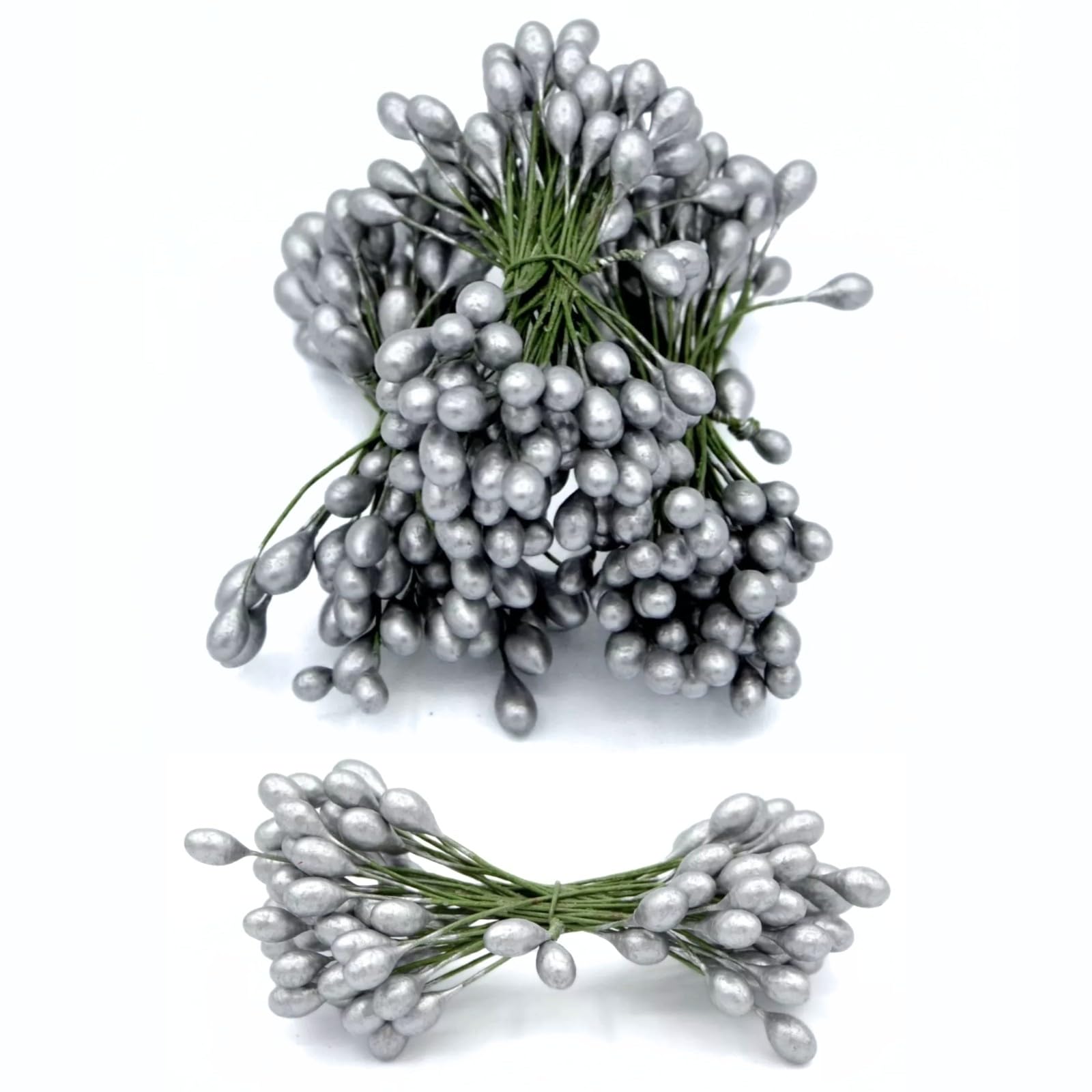 celloexpress Silver 6cm Artificial Flower Stamens - Pearlised Teardrop Beads on Wire for Wreaths, Garlands, Floral Arrangements, Festive Decorations (Pack of 60)