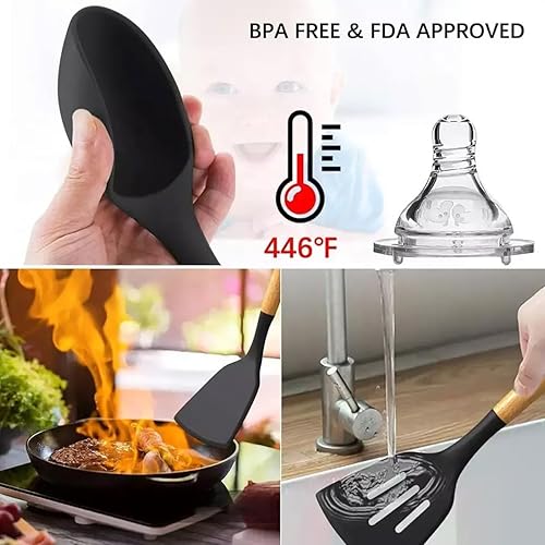 Miniatura 7 de Juego de utensilios de cocina de silicona de alta calidad, 33 piezas, resistente al calor a 446 F, antiadherente, sin BPA, asas de madera, espátula,
