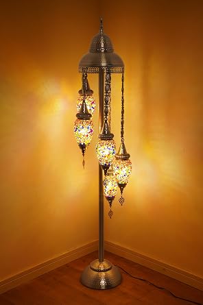Turkish Floor Lamp with 5 LED Bulbs for Living Room | 61" Tall Boho Accent, Antique Brass Finish Metal, Olive Glass Shades, Vintage Hand-Hammered Weighted Base, E12 Base