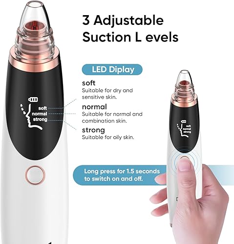 Miniatura 6 de Aspiradora de poros para cara y nariz  Herramientas de limpieza profunda con 3 niveles de succión, 5 puntas reemplazables, limpiador de poros