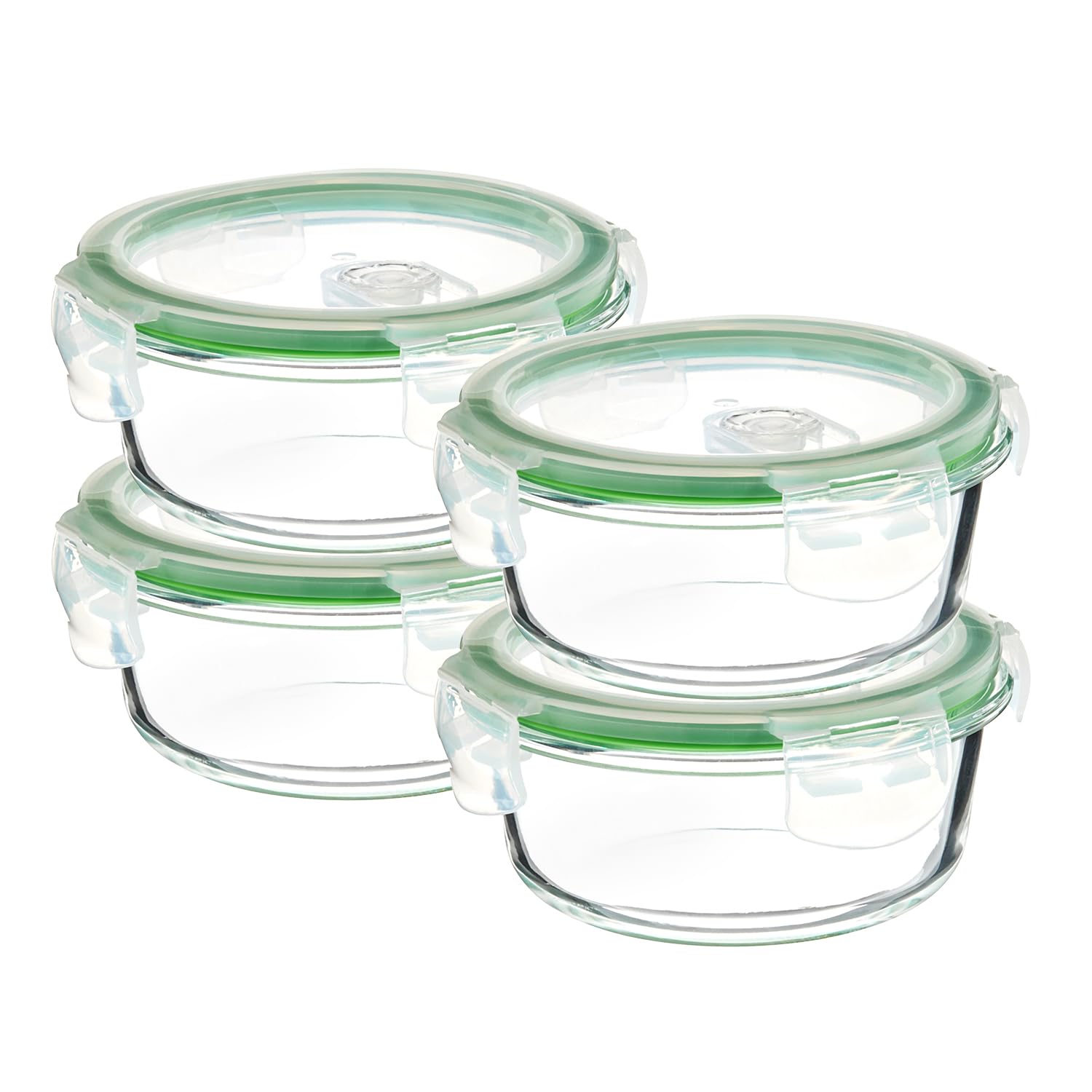 Amazon Brand – Solimo Borosilicate Glass Container with Air-Vent Lid (420ml Each) | Airtight & Leak-Proof | Freezer, Microwave & Dishwasher Safe (Set of 4) (Round Shaped) (Transparent)