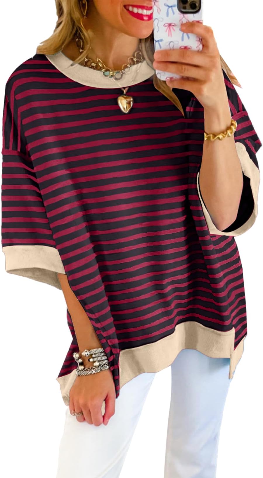 Womens Tops Casual Short Sleeve Sweatshirt Crewneck Striped Shirt Pullover T Shirts Loose Blouses