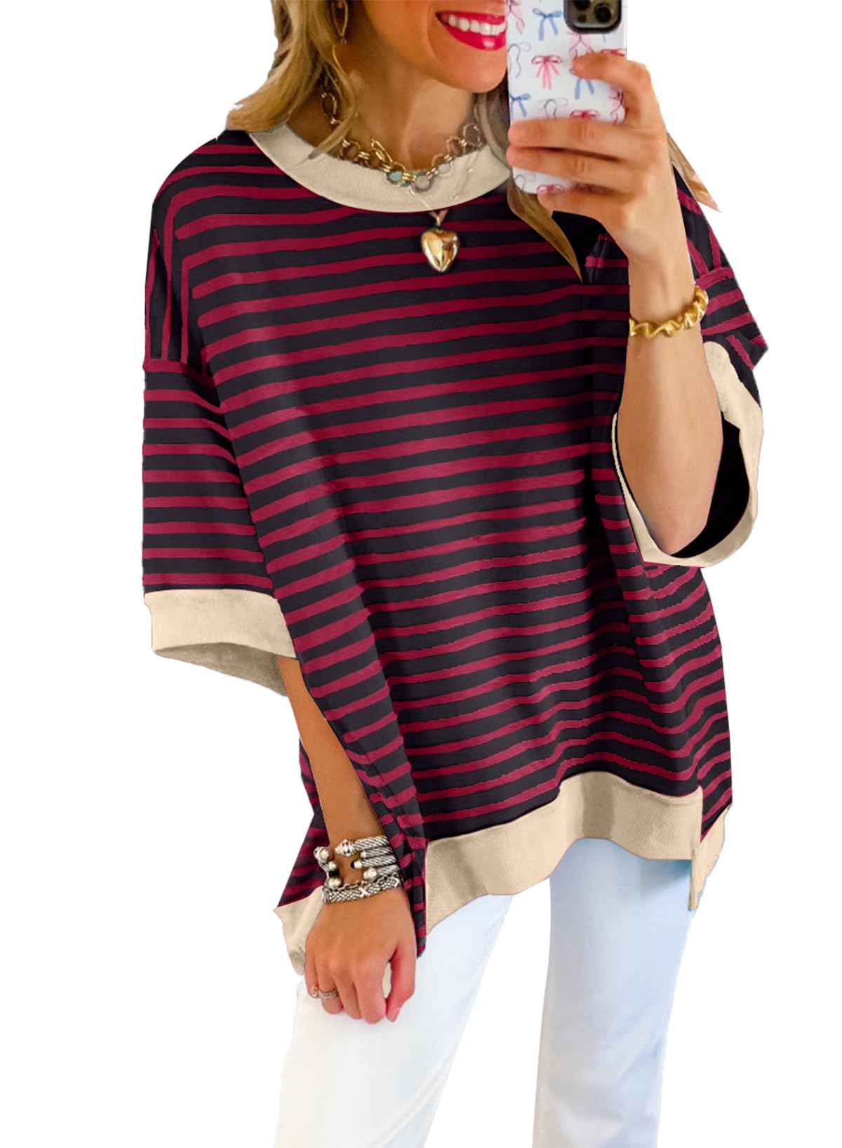 SHEWIN Womens Tops Casual Short Sleeve Sweatshirt Crewneck Striped Shirt Pullover T Shirts Loose Blouses