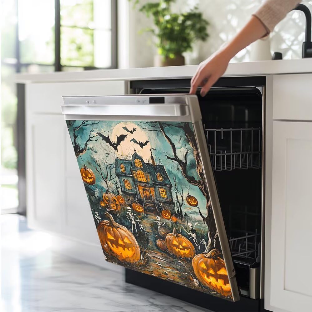 Halloween Horror House Pattern Dishwasher Magnet Cover, Pumpkin Skull Anti-Scratch Magnetic Stickers for Fridge Refrigerator Panel, Happy Halloween Dishwasher Decorative Cover, Magnetic 23" x 26"