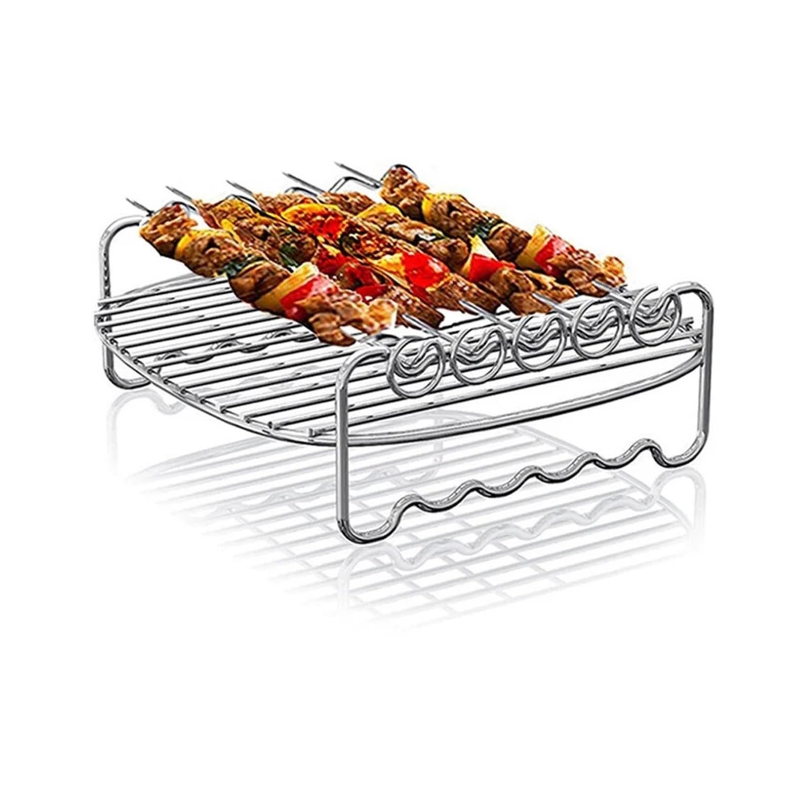 Juego de rejillas for freidora aire 7 pulgadas, versátil, doble capa, con brochetas y soporte for escurrir aceite al vapor for cocina(6 inch 3 needle)