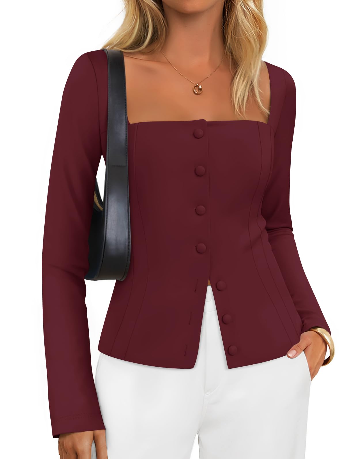 ZESICA Womens Fall Square Neck Blazers 2026 Casual Long Sleeve Button Up Work Business Fitted Blazer Jackets