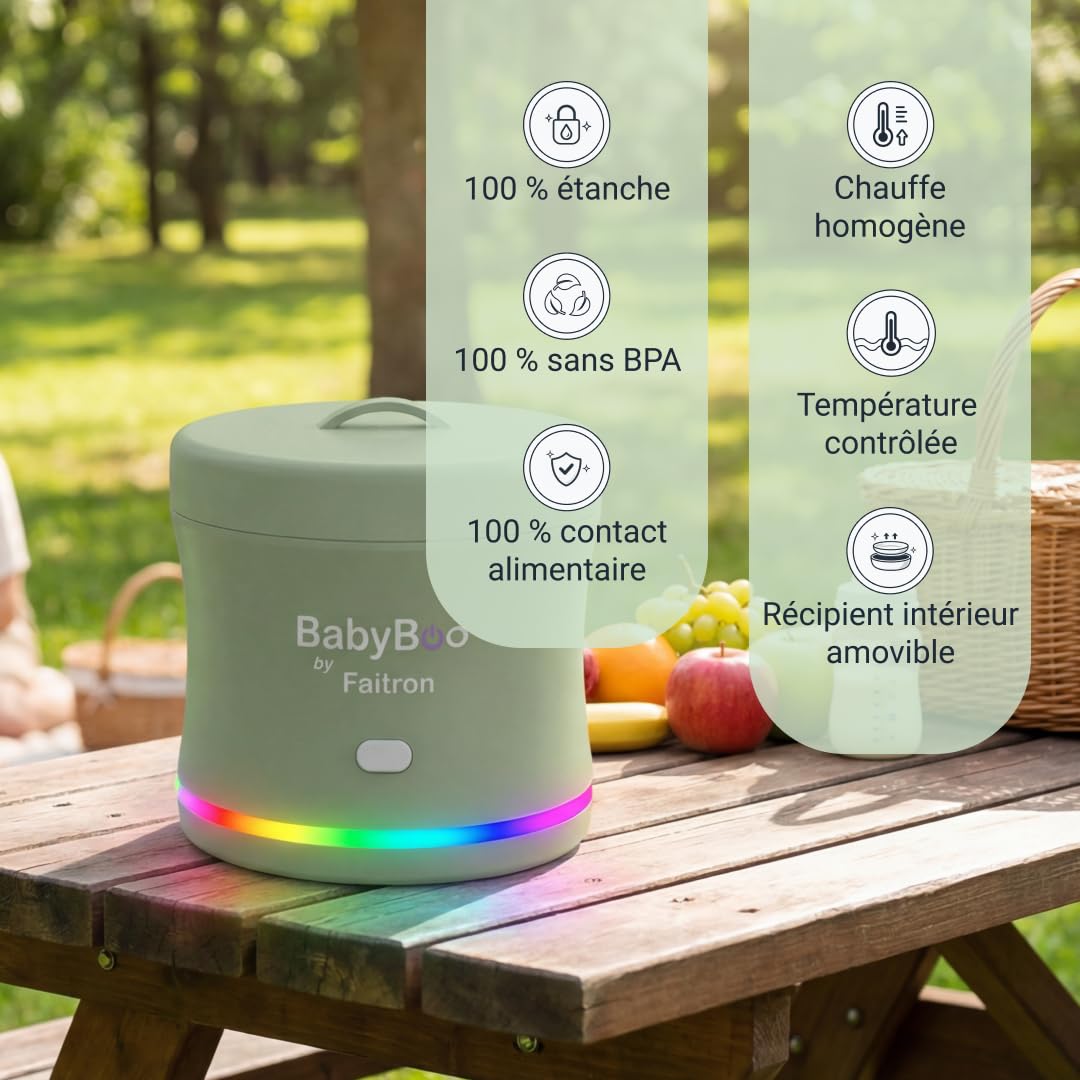 BabyBoo Chauffe-nourriture portable – Chauffe nourriture pour bébés avec batterie, contrôle via application, chauffage rapide 70 W, anneau LED, jusqu'à 45 °C, bac amovible, USB-C