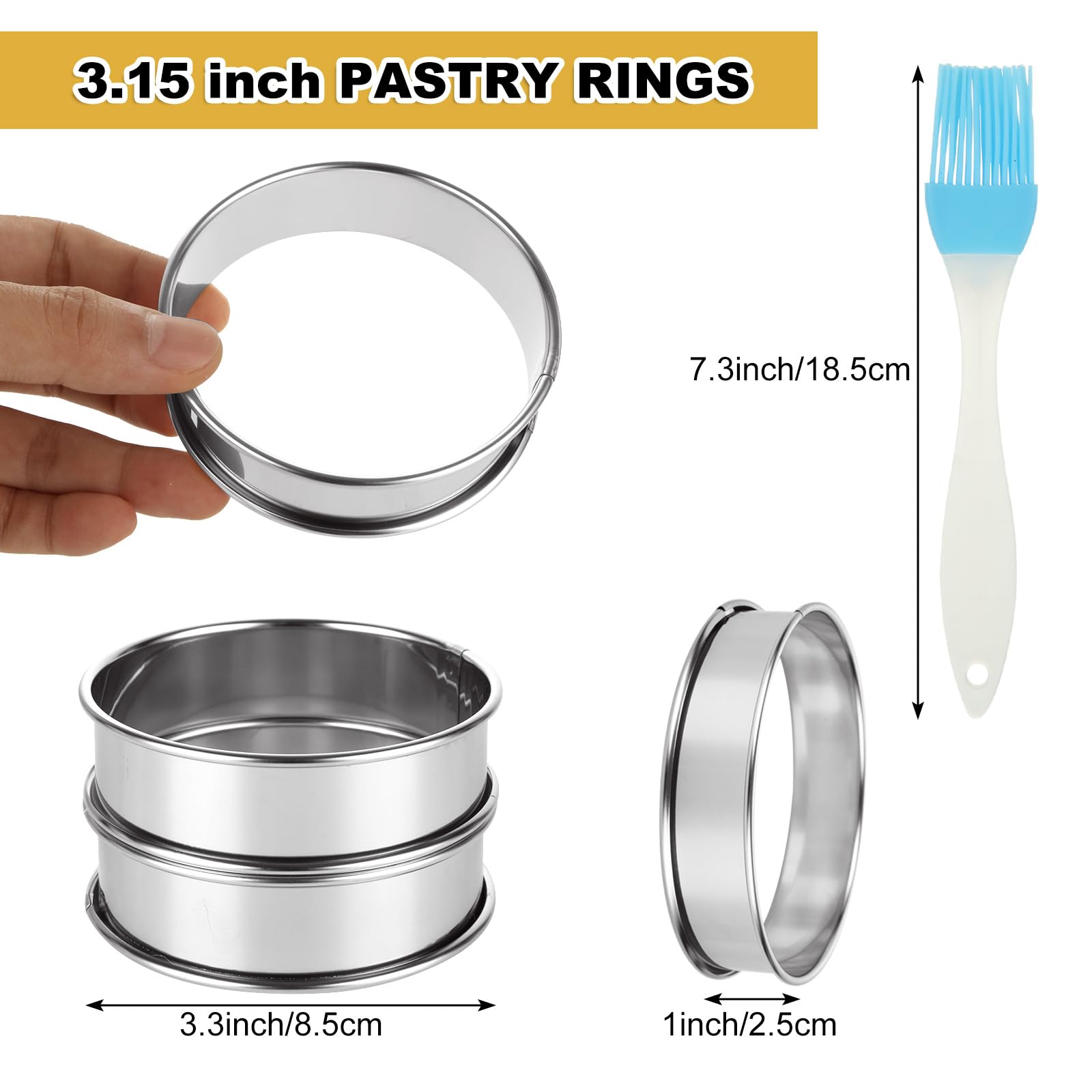 Dycica English Muffin Rings 3.15 inch Stainless Steel Crumpet Rings, Double Rolled Tart Rings Metal Round Ring Mold with Silicone Brush for Kitchen Cooking Baking