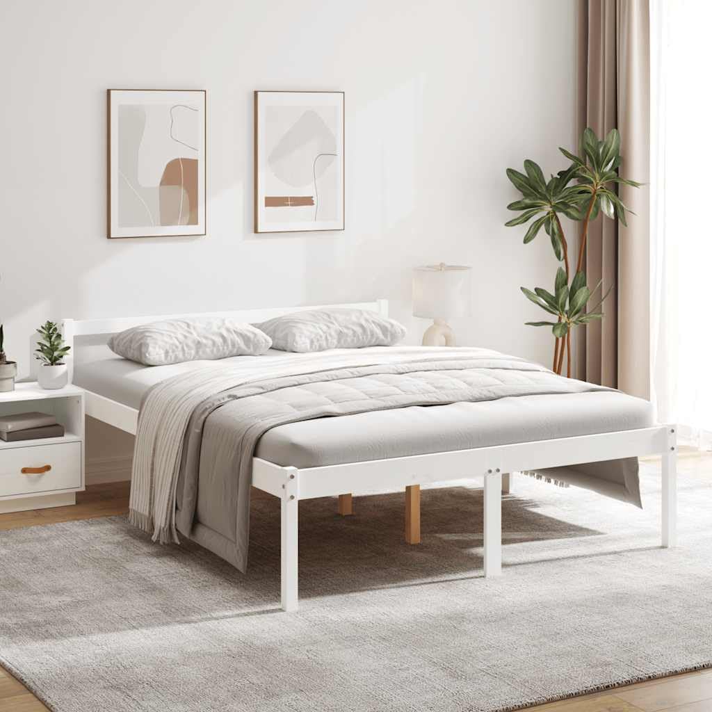 Lite drewno sosnowe nowoczesna sypialnia seniora 160x200 cm biały | Łóżko dla seniora białe 160x200 cm lite drewno sosnowe rama z wysokim wezgłowiem i miejscem do przechowywania