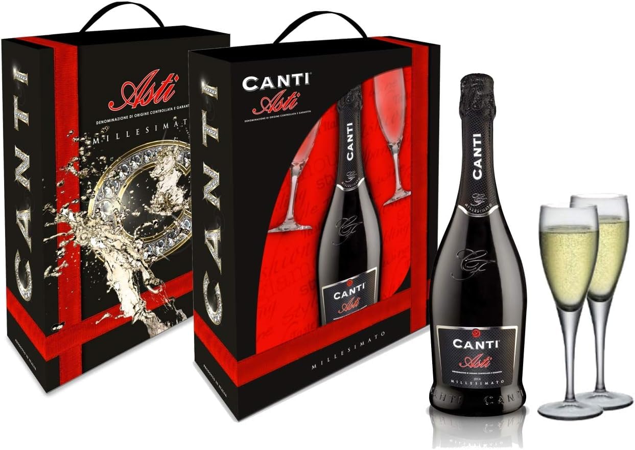 Canti - Weißer D.O.C.G. Millesimato, Spumante Sektwein, Moscato d'Asti, Geschenkpackung mit zwei gläsern, italienische traubensorte aus Piemont, fruchtiger und aromatischer Geschmack, 1x750 ml