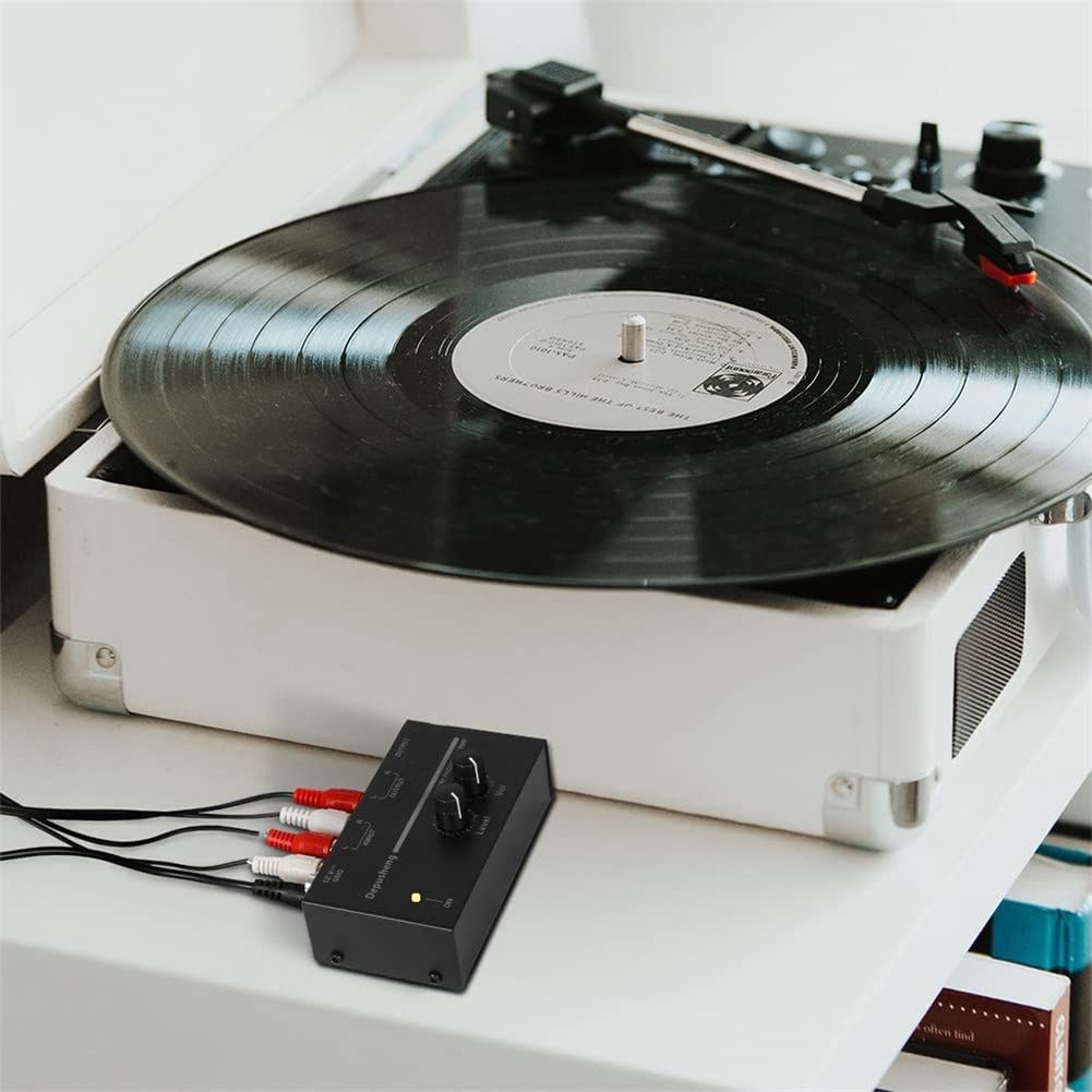 Phono - Preamplificador de tocadiscos, mini fonógrafo estéreo de audio, adaptador de corriente CC 12 V separado, entrada RCA, salida RCA y preamplificador de bajo ruido, portátil, operación de control