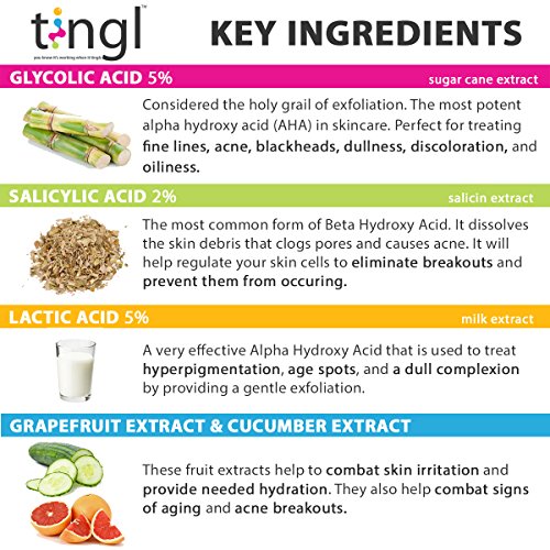 tingl Acne Treatment and AntiAging Face Wipes, Glycolic Acid, Salicylic Acid, and Lactic Acid