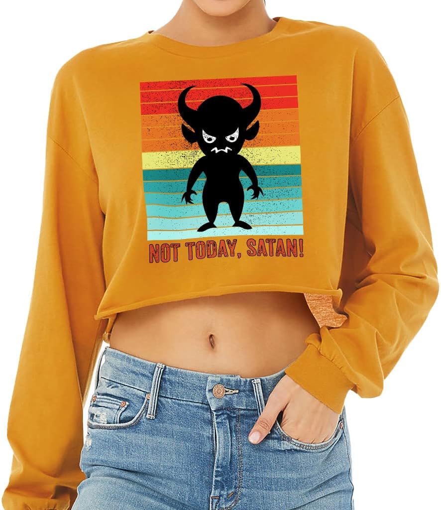 Satan Cropped Long Sleeve T-Shirt - Not Today Women's T-Shirt - Colorful Long Sleeve Tee - Mustard, S