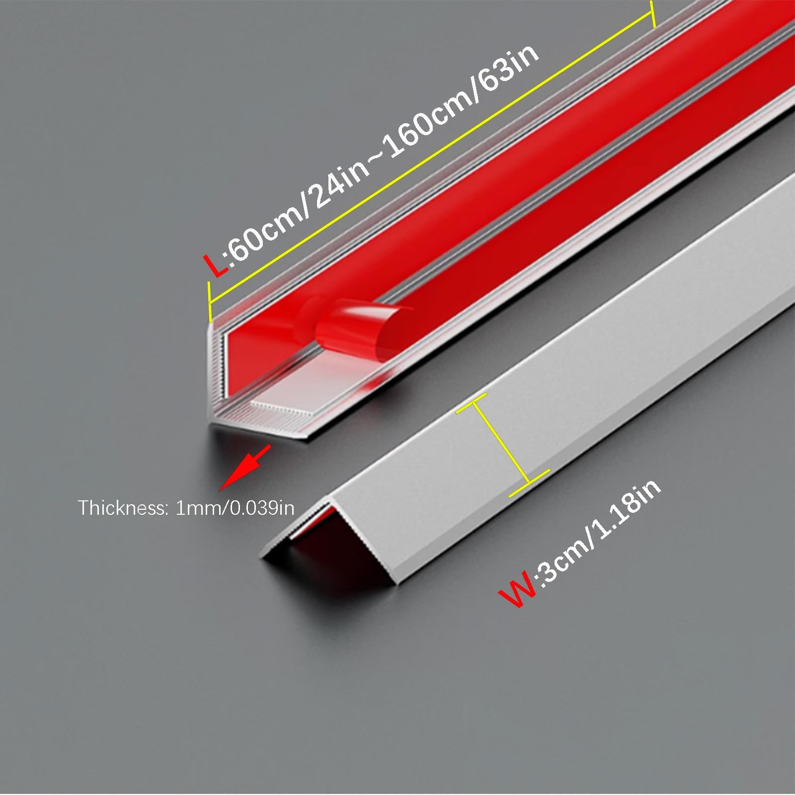 Protector de esquina autoadhesivo oculto imperfecto de aluminio en L, tira de seguridad de aleación plateada (115 cm) para el hogar y los niños seguro