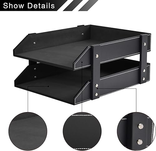 Miniatura 2 de Organizador de escritorio de cuero, soporte apilable de 2 niveles, suministros de oficina, caja de almacenamiento de escritorio para documentos,
