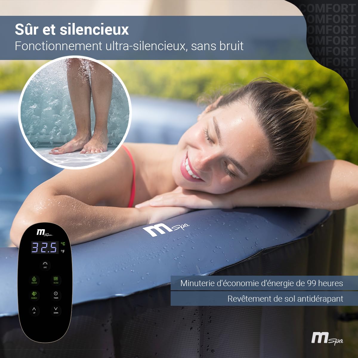 Miweba MSpa Spa Gonflable Extérieur Bergen C-BE061 | Rond ⌀ 204,0 cm - Spa Gonflable 6 Personnes - Nettoyage UV-C - Jusqu'à 1429 L - 40°C - Télécommande - 138 Jets (6 Personnes)