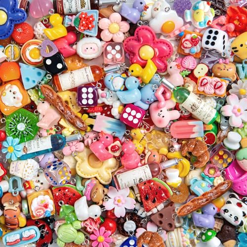 RQAYE 80pcs DIY Cute charms for bracelets Resin Charms for DIY Keychain & Jewelry Making Mini Fruit Candy & Animal Style Charm for Crafts