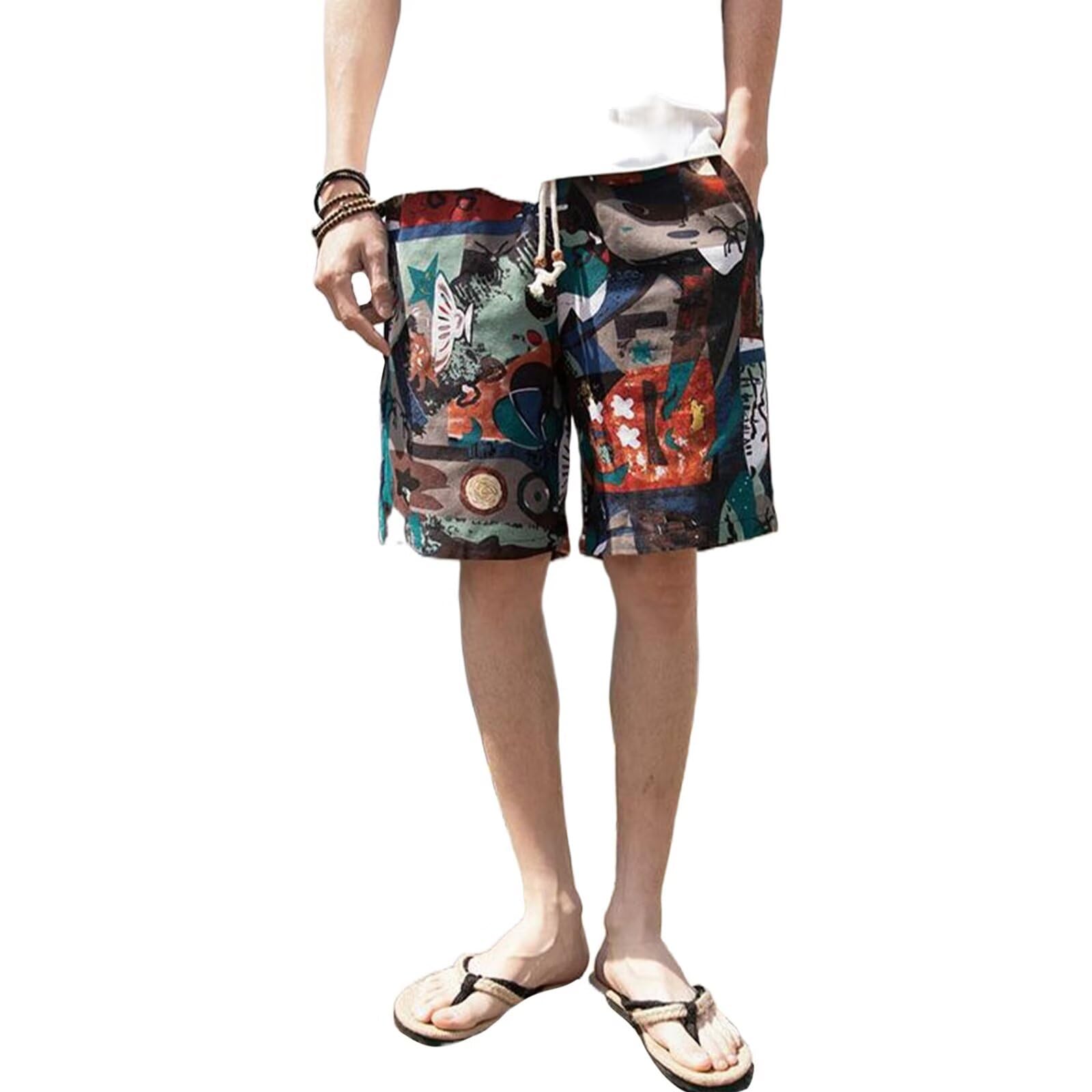 Men's Ethnic Shorts, Floral Print, Short Pants, Surf Pants, Allover Pattern, 100% Cotton, Men's, Ethnic Style, Shorts, Stylish, Casual, Thin, Breathable, Cool, Native Pattern, Botanical Print