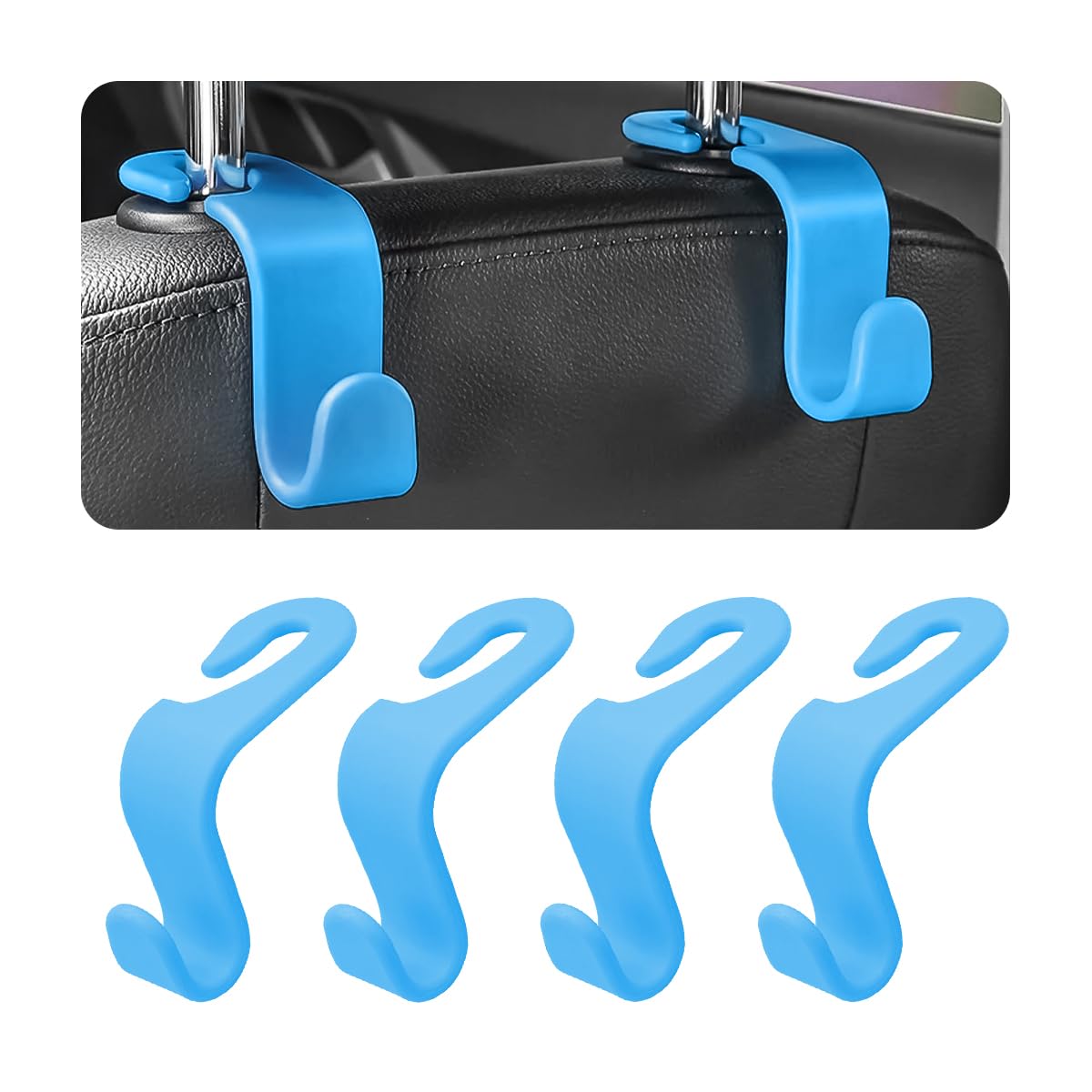 4 Pack Curved Headrest Hooks for Vehicle Seats, Light Blue