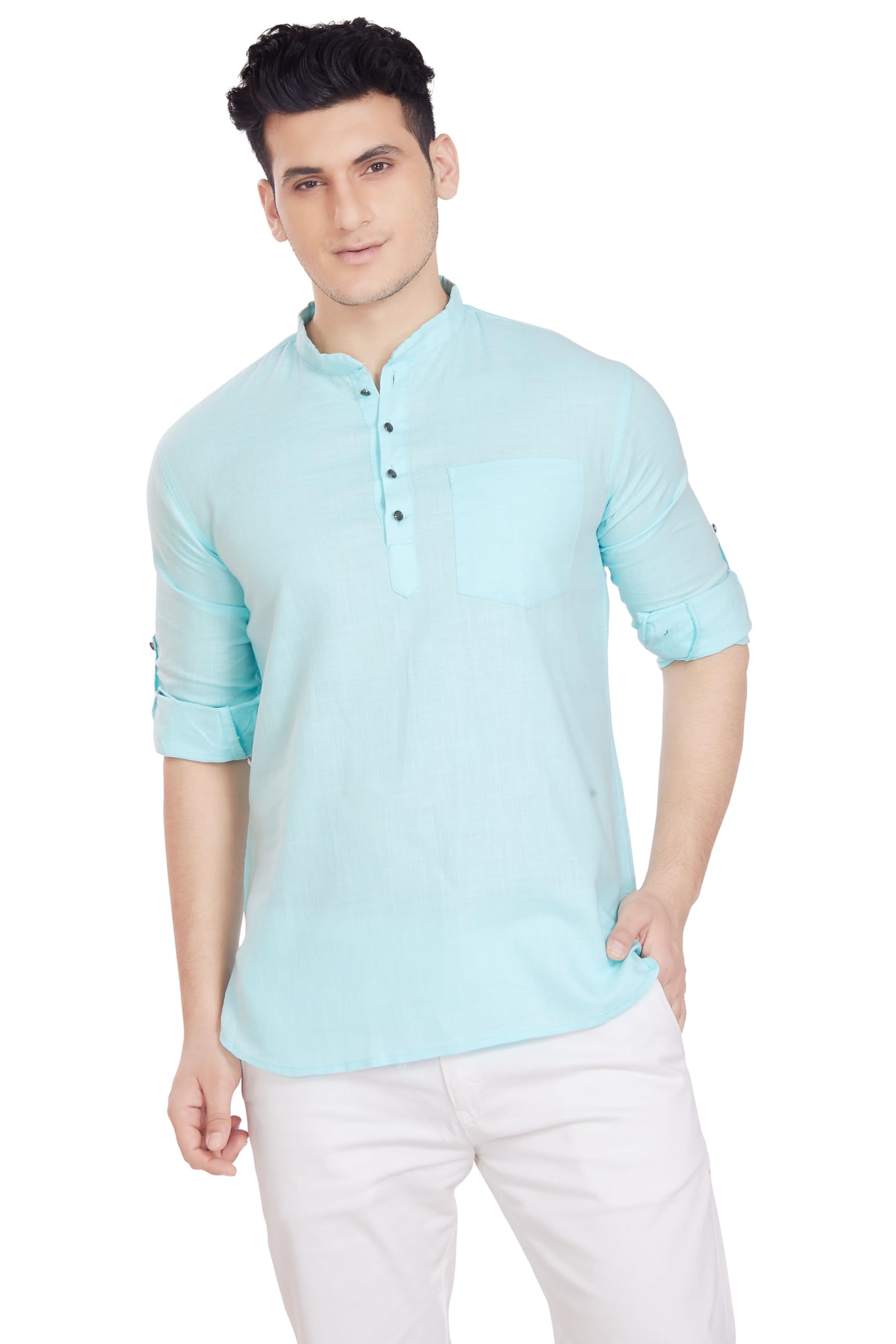 Divisive Men's Pure Cotton Relaxed Fit Short Kurta (Dkrt258_S_Sky)