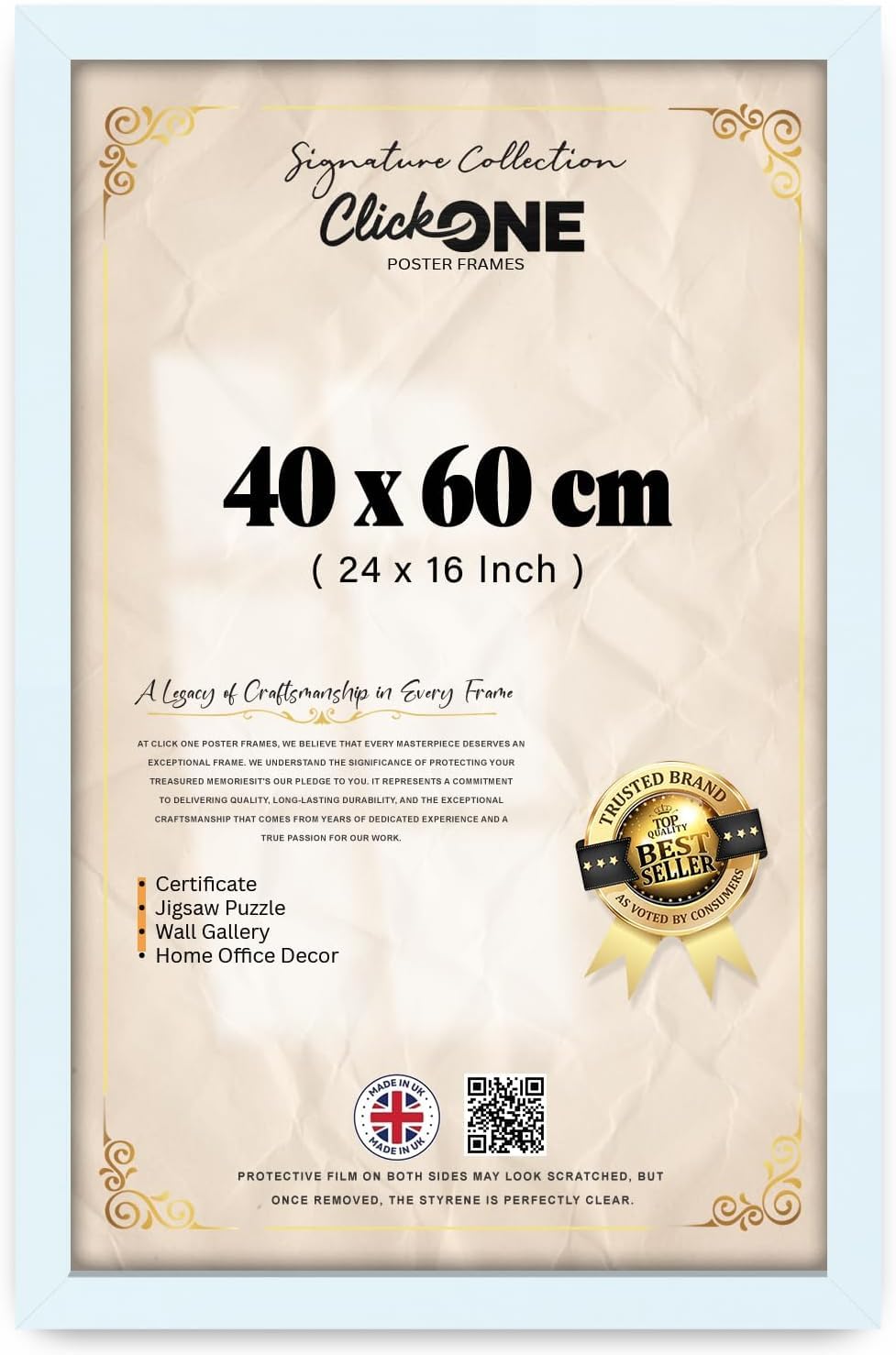 Click One — (40 X 60 CM, 24 X 16 Inch Picture Poster Frame | White Wall Mounted Photo Frame For Home Office Living Room Certificate Jigsaw Puzzle Display — Slim Profile, Easy Mounting