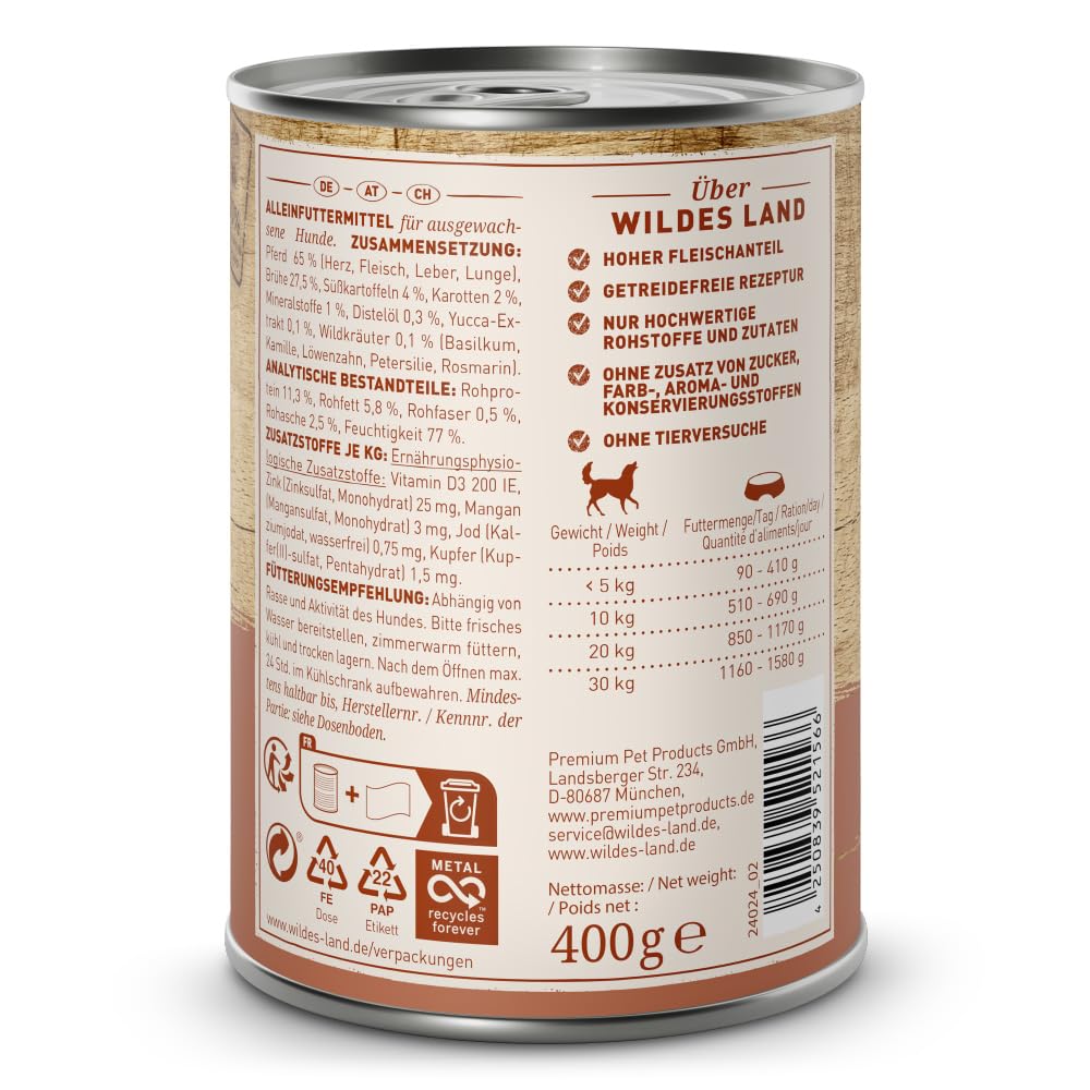 Wildes Land - Pferd mit Süßkartoffel - Classic Adult Nassfutter für Hunde - 12 x 400 g