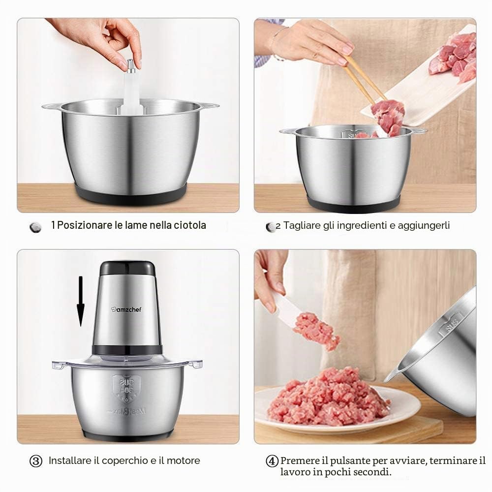 AMZCHEF Tritatutto da Cucina Elettrico, 500W, Mini Tritatutto con Ciotola in Acciaio Inox da 1.5L, 4 Lame Affilate, Multifunzione Tritatutto per Frutta Verdura Carne Spezie