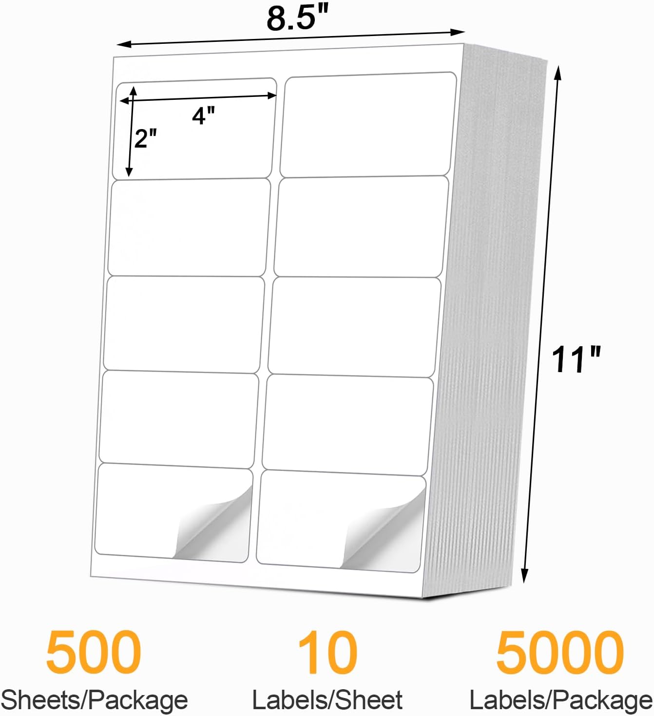 [500 Sheets 5000 Pcs] 10-UP 2''x4'' Shipping Labels for Laser & Inkjet Printers, 2" x 4" Mailing Stickers, 10 Pcs Per Page Shipping Labels,8.5"×11" White 500 Sheets for Printer - Image 2