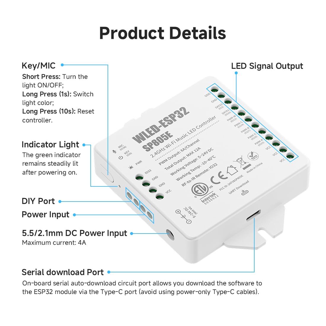 BTF-LIGHTING ESP32 WLED SP805E 2.4G Wi-Fi muzyka sterownik LED