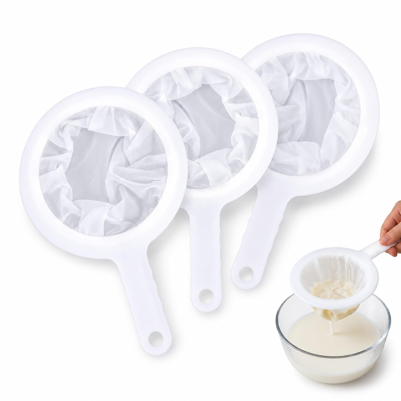 Kitchen Sieve Plastic Household Sieve Fine Mesh, 100/200/400 Mesh Filter Net with Handle Hook, Food Filter, for Seedless Jam, Flour, Yoghurt, Soy Milk Device 24*15cm (100 mesh + 200 mesh + 400 mesh)