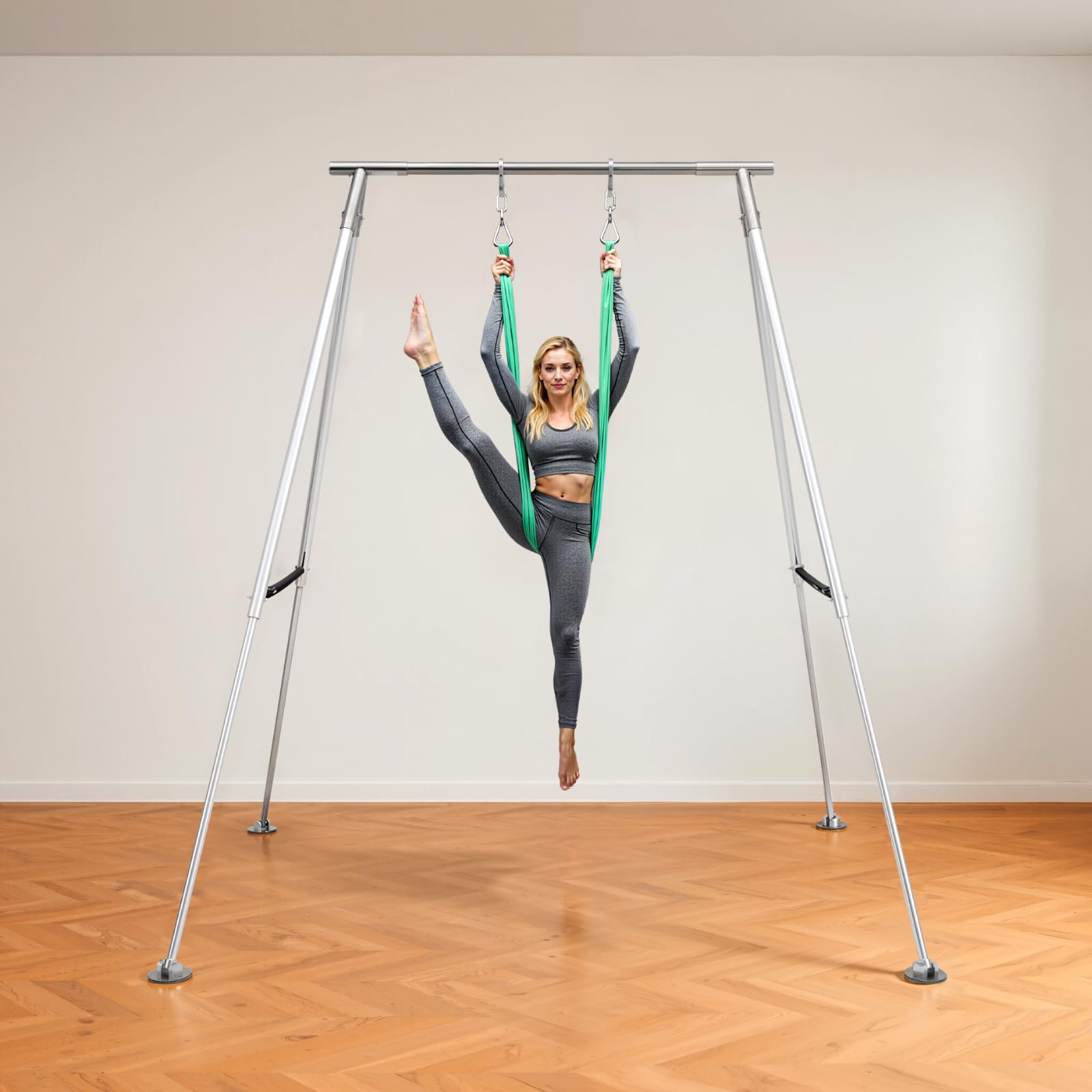 VEVOR Soporte de Yoga Aéreo, con Estructura Triangular, Carga Máxima de 140,6 kg, Aleación de Aluminio, Soporte para Telas Aéreas con Patas de Aluminio Ajustables en Altura, 3200 x 2780 x 3480 mm