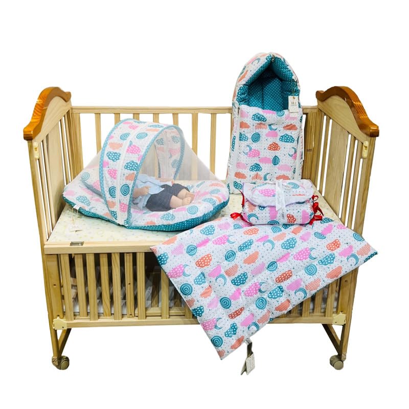 Image of Infantbond Mattress with net | Baby Carry Bag | 4 Pcs Bedding Set | Pista Green Sprial (0-6 Months)(Full Set)