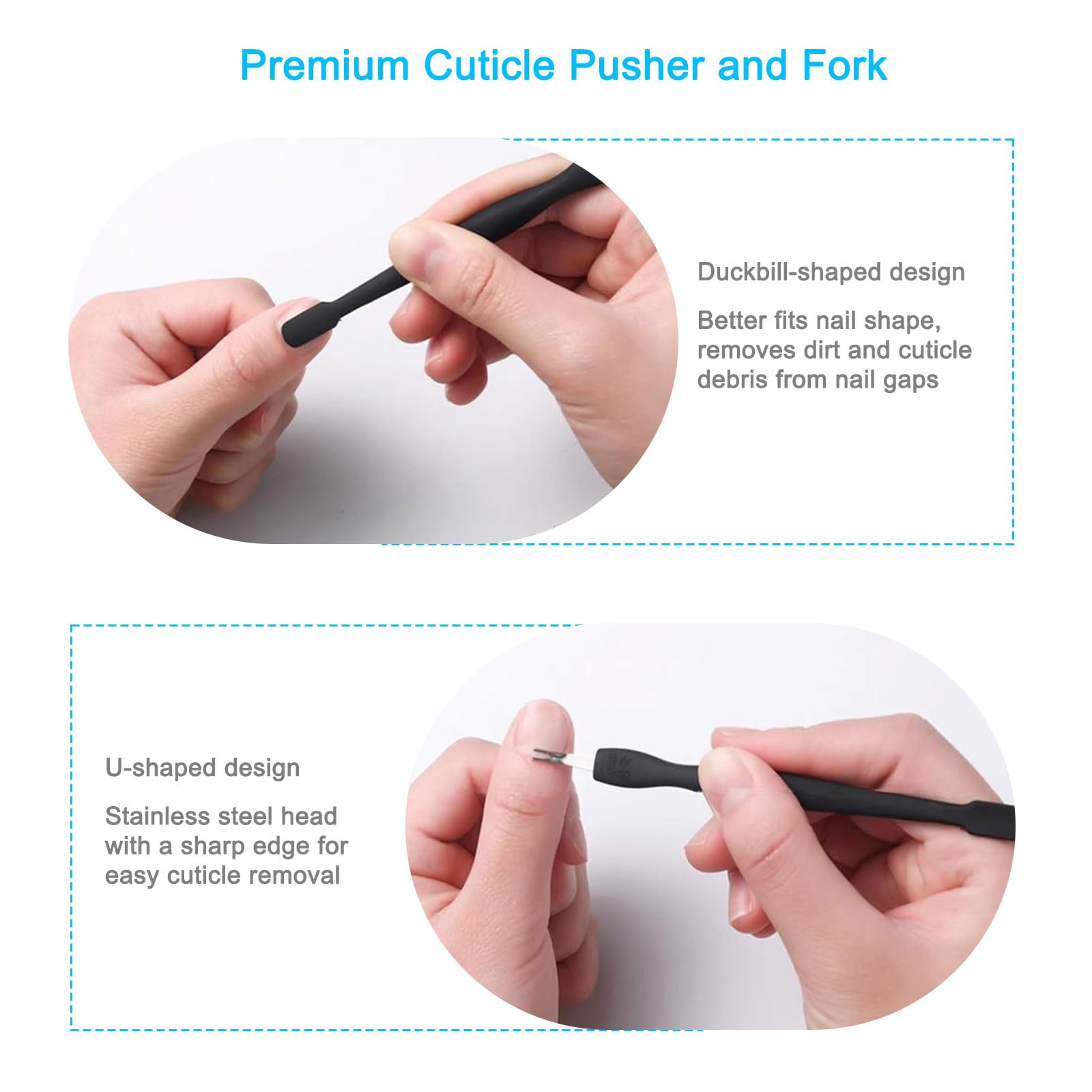 Herramientas empujadoras de cutículas, 2 piezas profesionales para quitar cutículas de uñas, cortador de tenedor, kit de herramientas de manicura de pedicura duradera de acero inoxidable 6