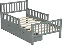 Vista 54 de Modern Full Size Platform Bed Storage Headboard and Safety Guardrail for Kids, Function Wood Platform Bed Frame with Built-in LED Light for Boy