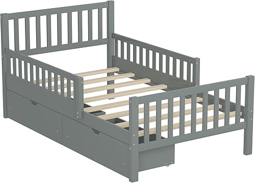 Miniatura 142 de Moderna plataforma de tamaño matrimonial con cabecera de almacenamiento y barandilla de seguridad para niños, plataforma de madera funcional con luz