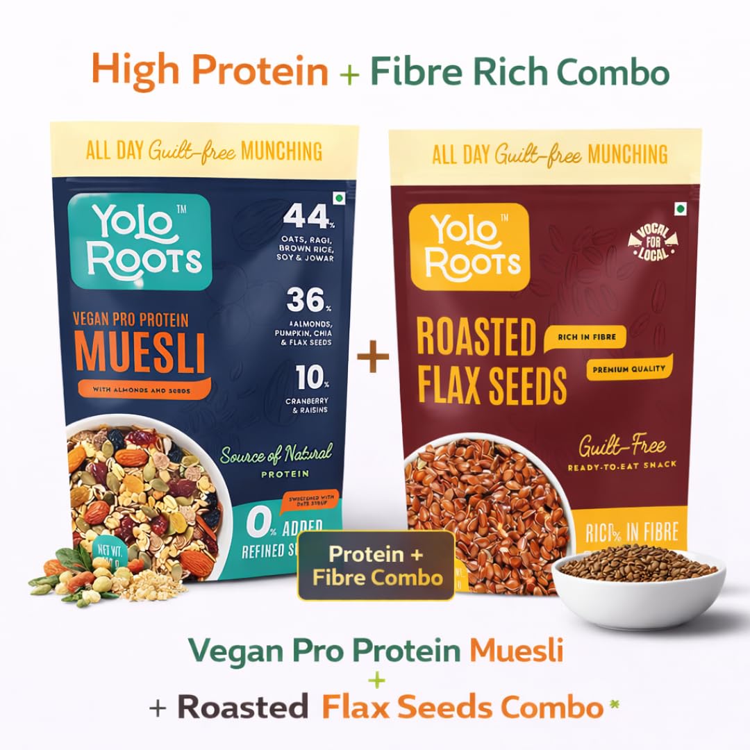 Yolo Roots Vegan Pro Protein Muesli 400g & Roasted Flax Seeds 200g Combo | 16g Plant Protein Multigrain Breakfast Cereal, No Added Sugar, Gluten Free & Omega-3 Superfood Seeds (Pack of 2) 2