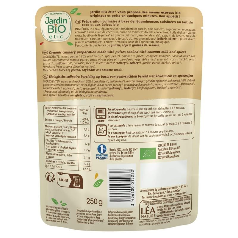 Dahl de Lentilles Corail et Pois Cassés Bio Jardin Bio Étic - Délicieux Mélange Diététique 250g - Le Lot De 4