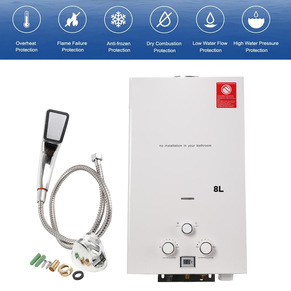 8L 16KW GPL Scaldabagno a Gas, Gas a Parete senza serbatoio Scaldabagno istantaneo,con kit doccia e Display a LED,con Modalità Inverno ed Estate,Per Casa, Camper ed Esterni,bianco