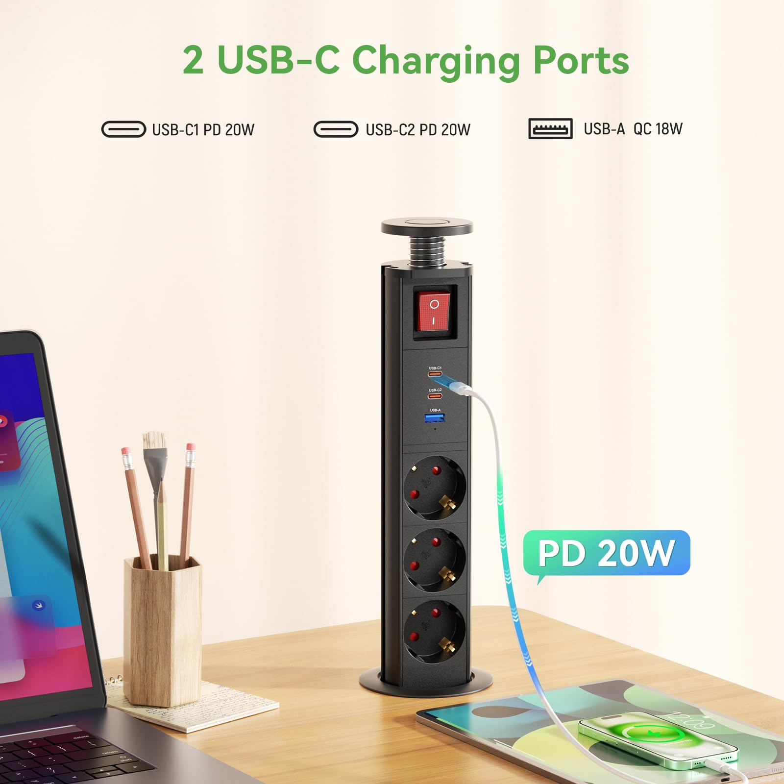 3 Fach Versenkbare Steckdose USB C PD20W mit Schalter, Einbausteckdose Versenkbar mit Schalter, Tischsteckdose Versenkbar für Arbeitsplatte Büro Küche Werkstatt, 1.8M Kabel, Schwarz