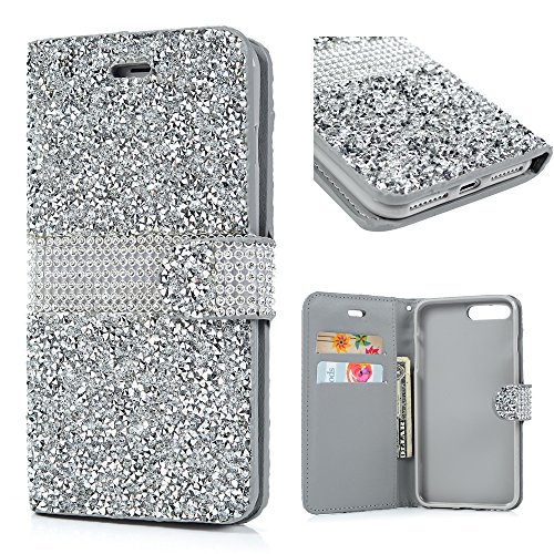 MOLLYCOOCLE iPhone 7 Plus Case, iPhone 8 Plus Case, Handcraft Luxury 3D Bling Rhinestone PU Leather Wallet Case Flip Magnetic Bling Button Closure Protective Cover for iPhone 7 Plus, 8 Plus, Silver